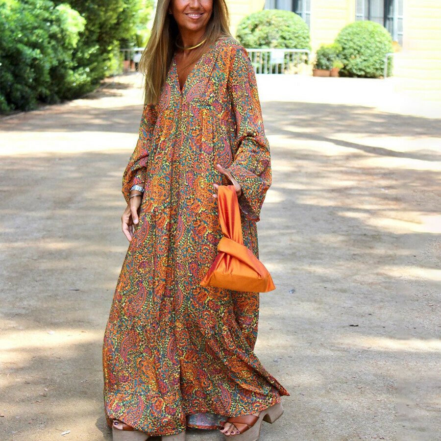 V-Neck Print Long Sleeve Dress