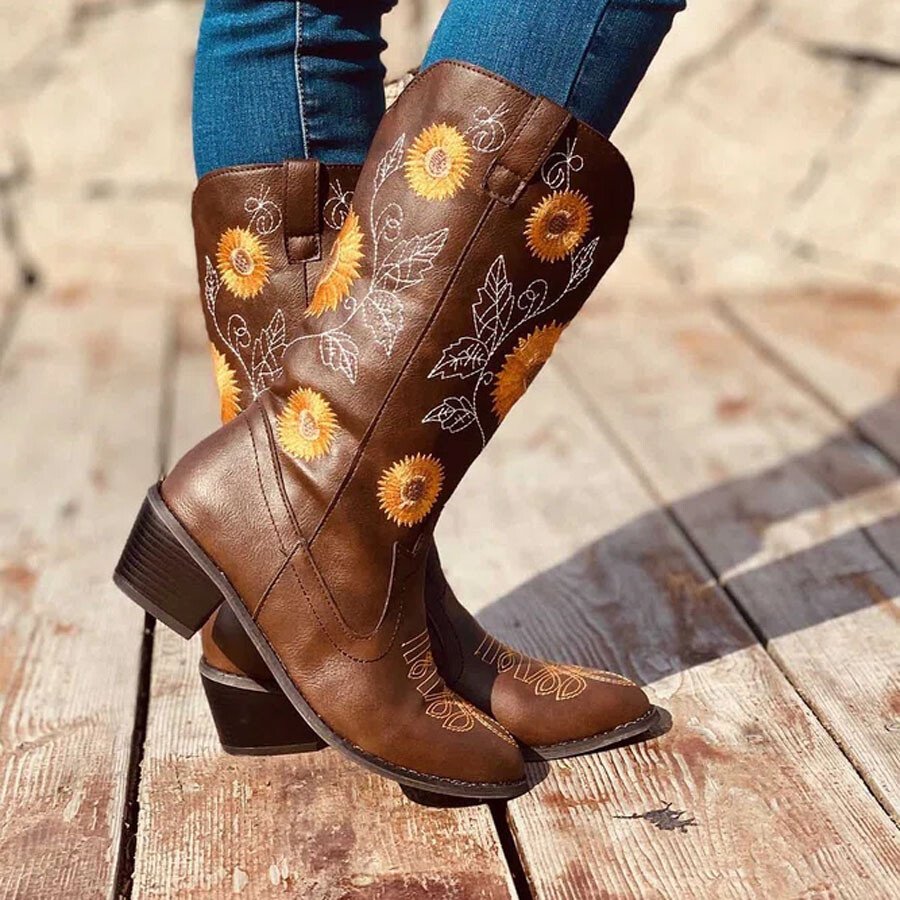 Sunflower Embroidery Western Cowboy Boots