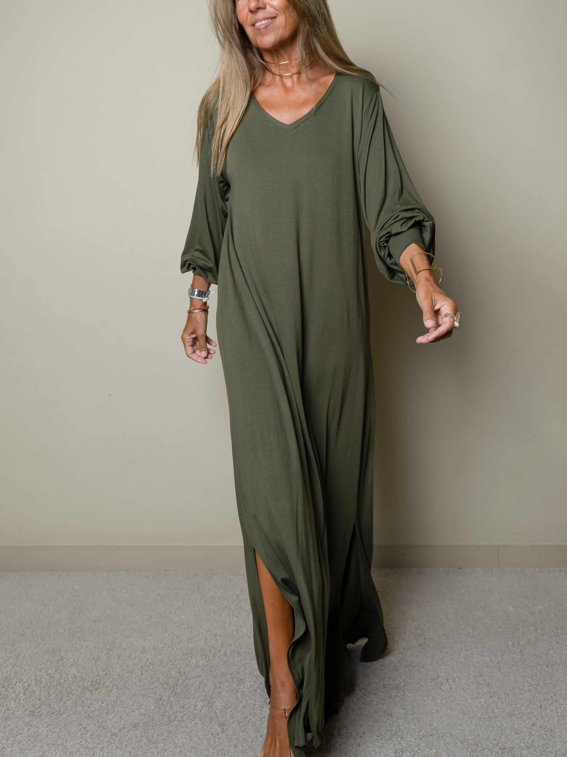 WOMEN CASUAL V-NECK MAXI DRESS