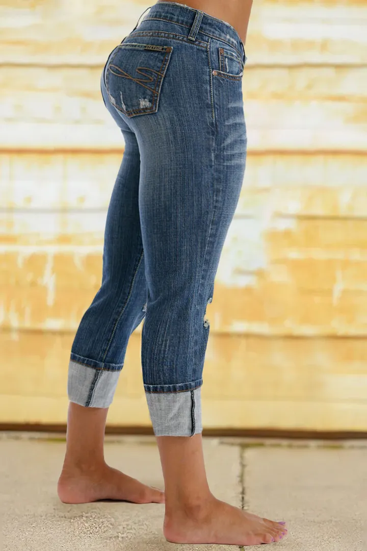 Midiross Vintage Ripped Embroidery Pocket Low Waist Capris Jeans