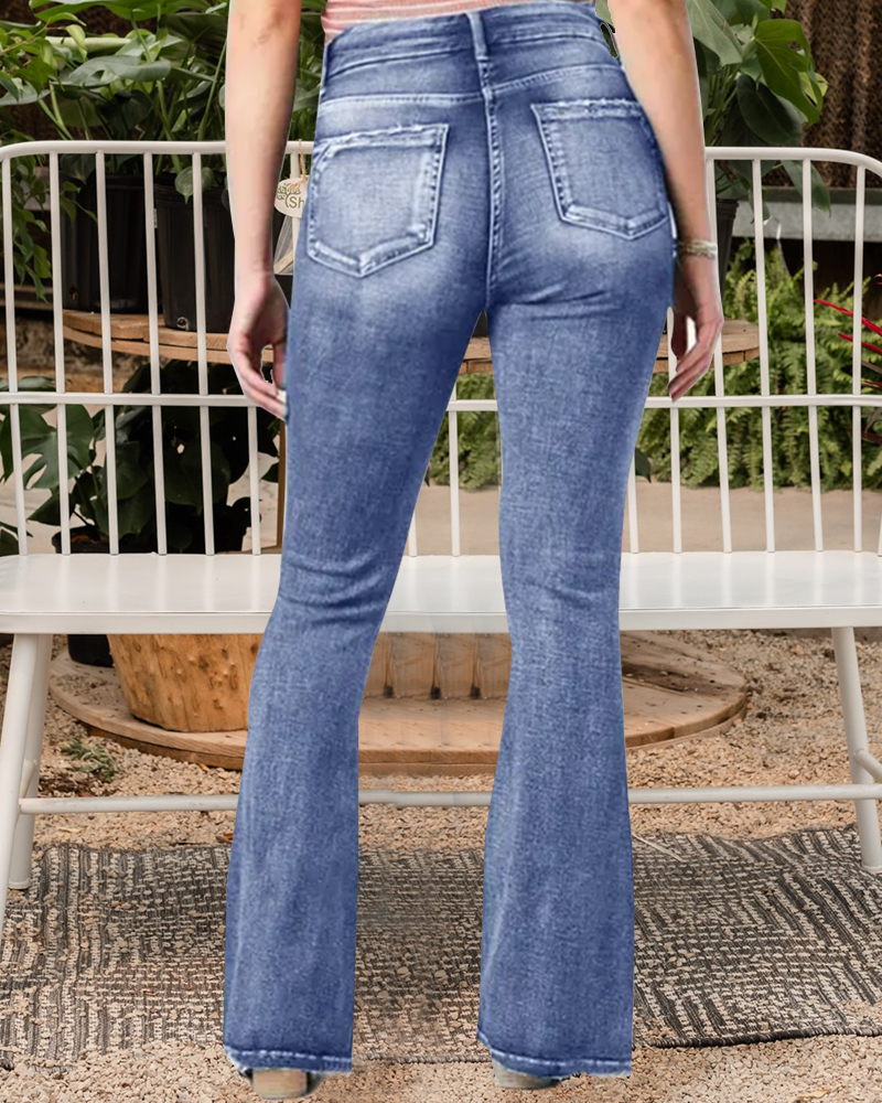 Vintage Button Side Design Mid Waist Flare Jeans