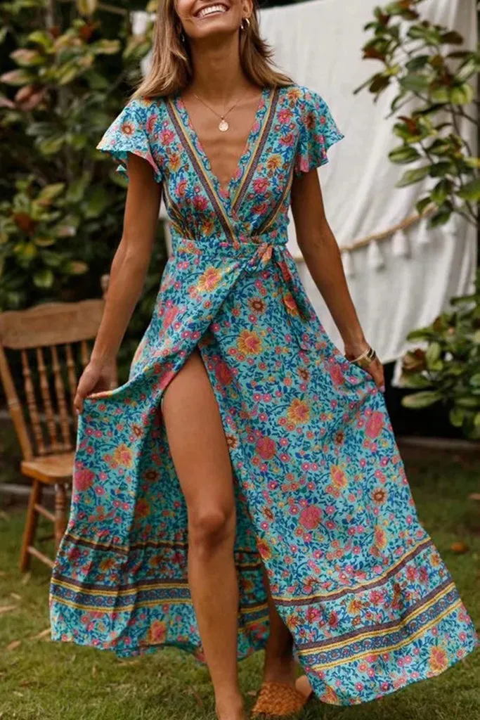 WOMEN'S BOHO V-NECK LONG MAXI DRESS