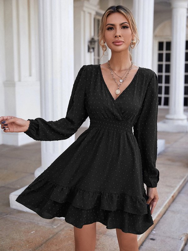 V-neck long sleeve ruffled trim A-line skirt commuter dress