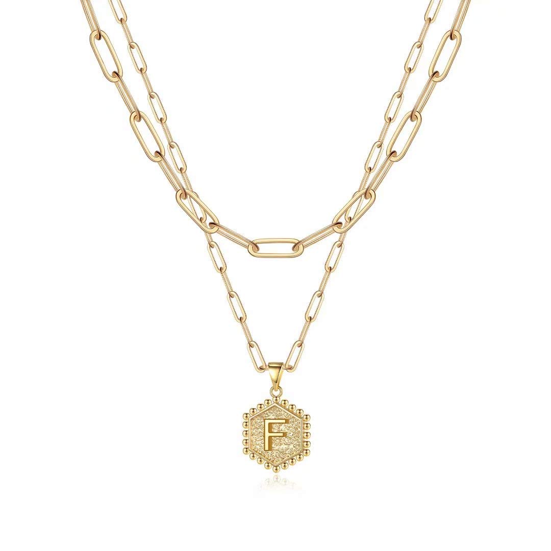 14K Gold Plated Cute Hex Alphabet Women's Gold Layered Necklace