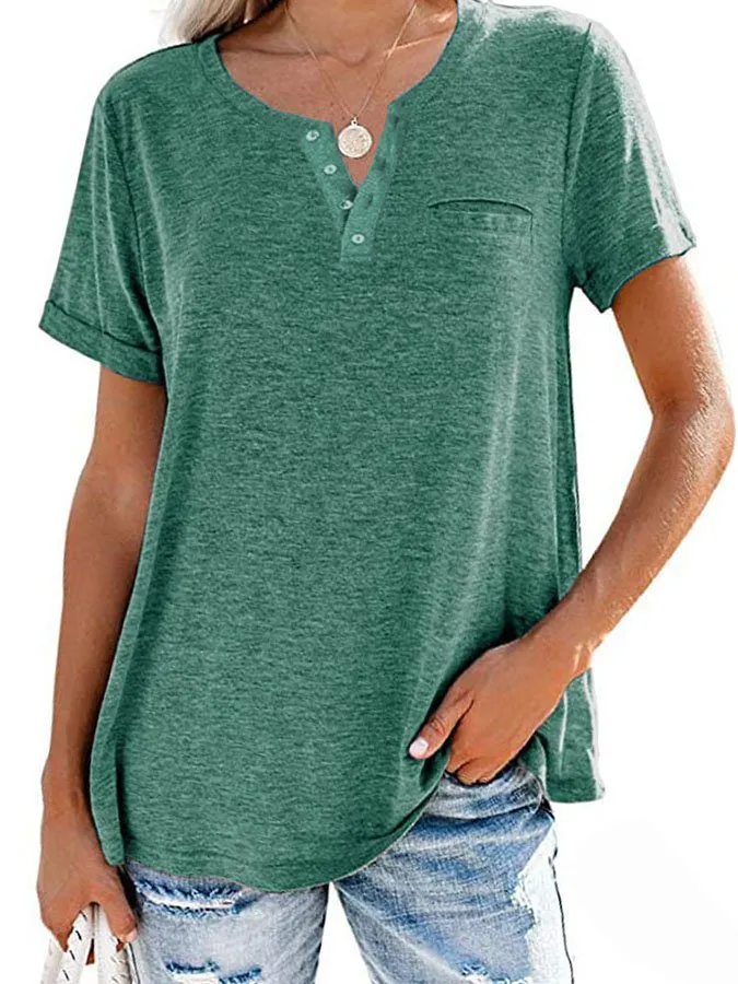 FASHION SOLID COLOR POCKET SHORT SLEEVE T-SHIRT