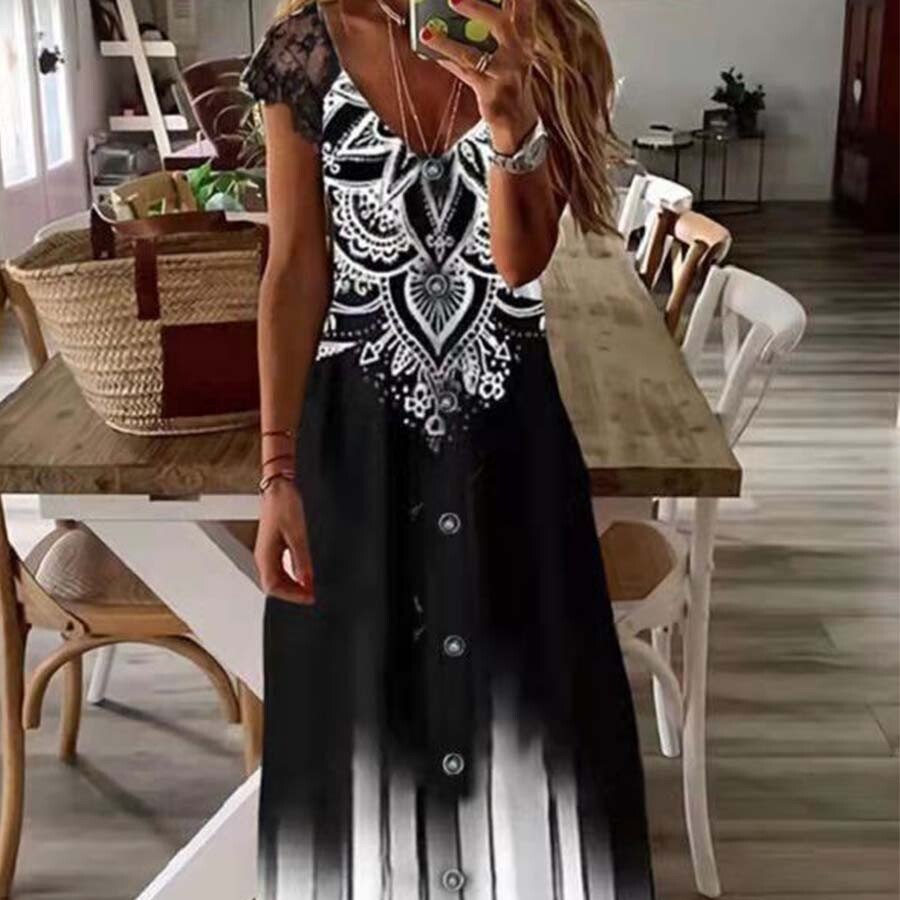 Women's Bohemian Floral Print Short-Sleeve V-Neck Dress
