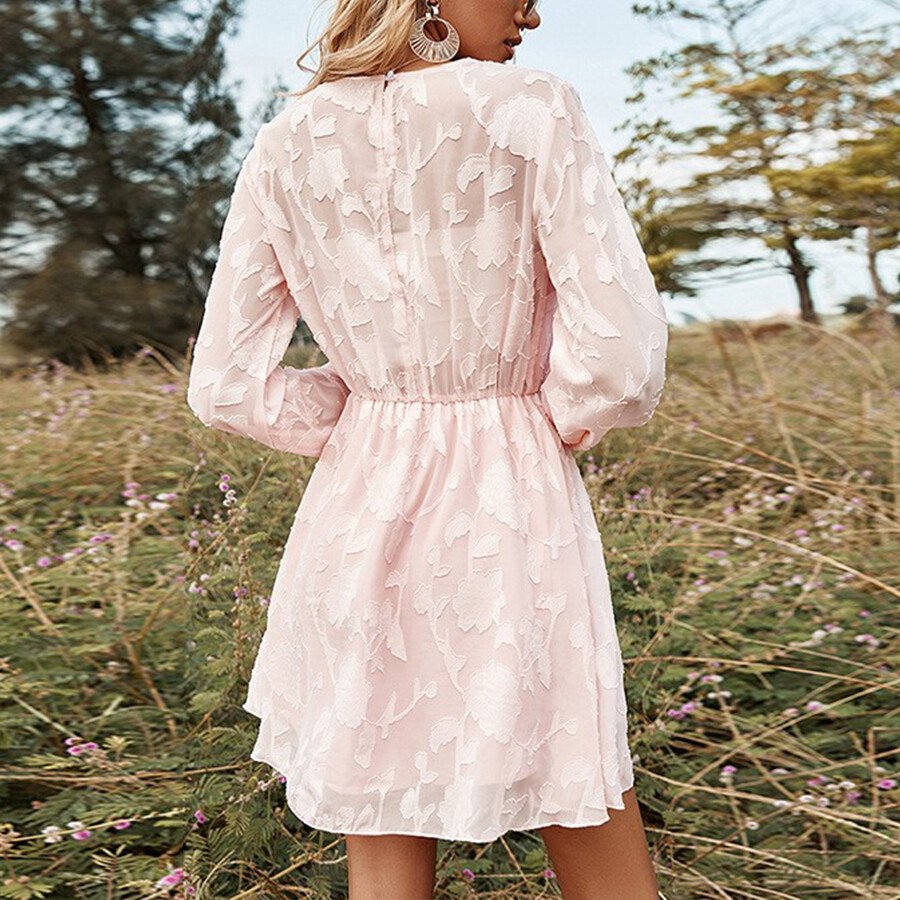 Pink Crewneck Elasticated Long-Sleeved Dress