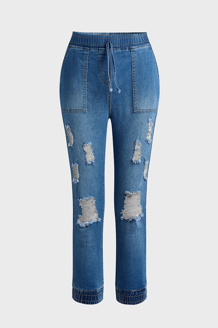 Midiross Ripped Drawstring Elastic Waist Pocket Detail Capris Jeans