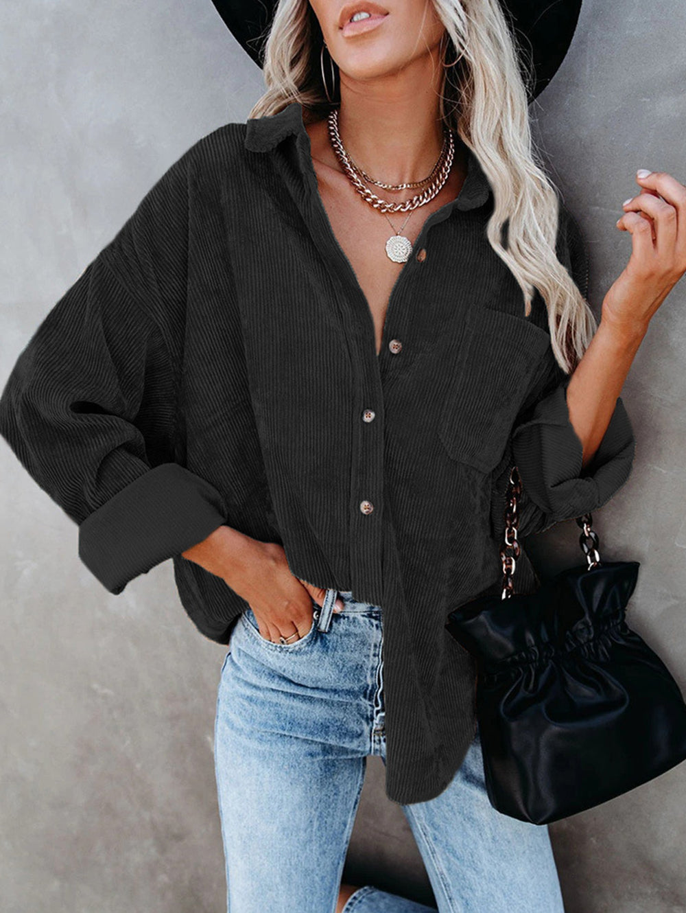 Ladies Corduroy Casual Loose Pocket Long Sleeve Shirt