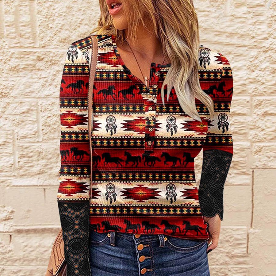 Ladies Retro Print Lace Long Sleeve Button Top