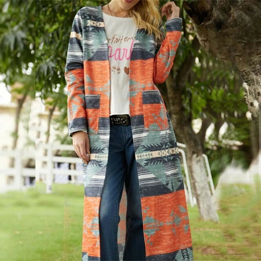 Geometric Print Cardigan Trench Coat