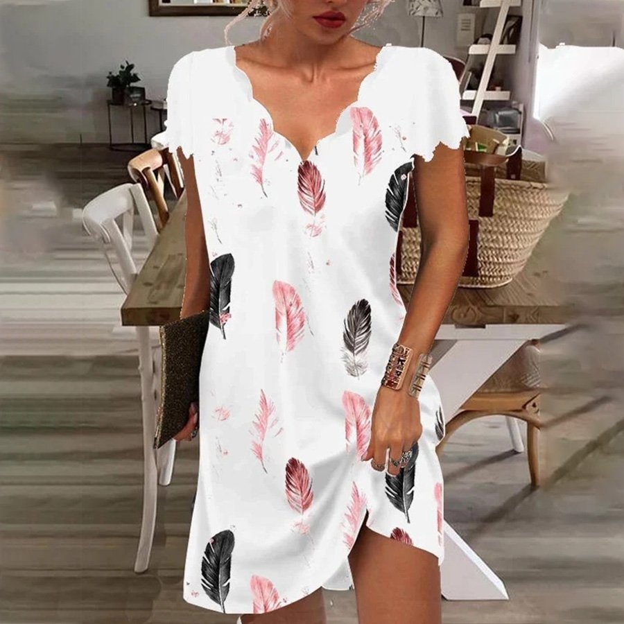 Women's Feather Print Wavy Low Cut V Neck Dress