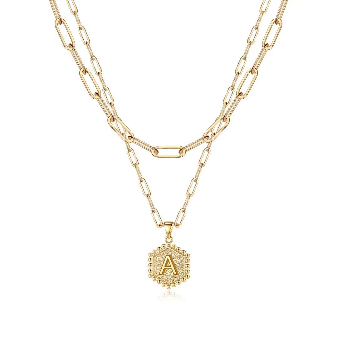 14K Gold Plated Cute Hex Alphabet Women's Gold Layered Necklace