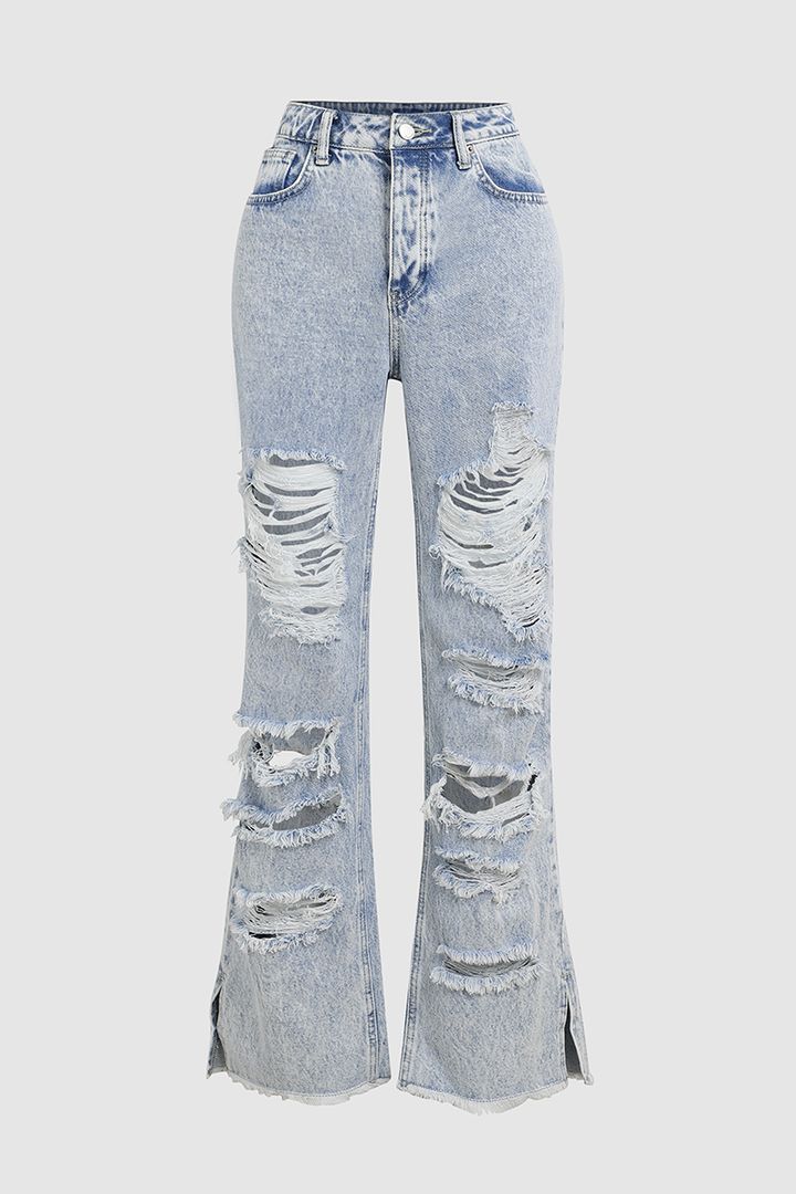 Distressed Frayed Split Hem Straight Leg Jeans