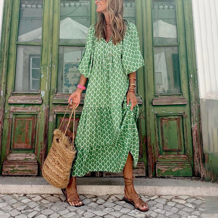 V-Neck Print Long Sleeve Dress