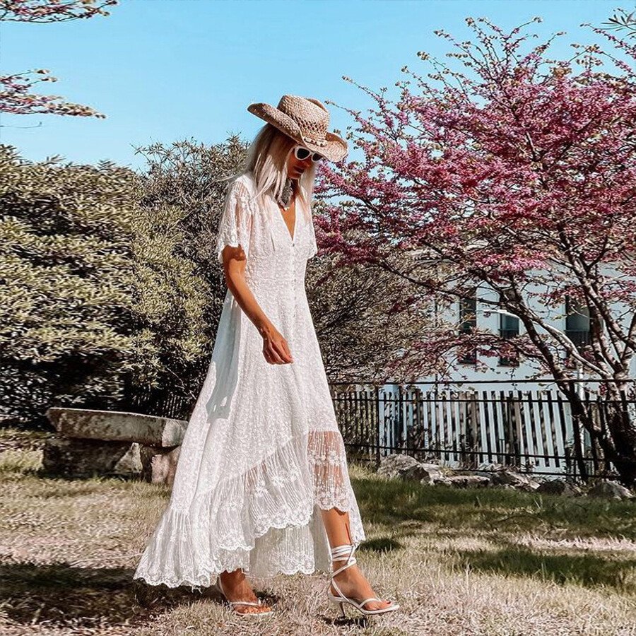 V-Neck Short Sleeve Bohemian Wedding Dress