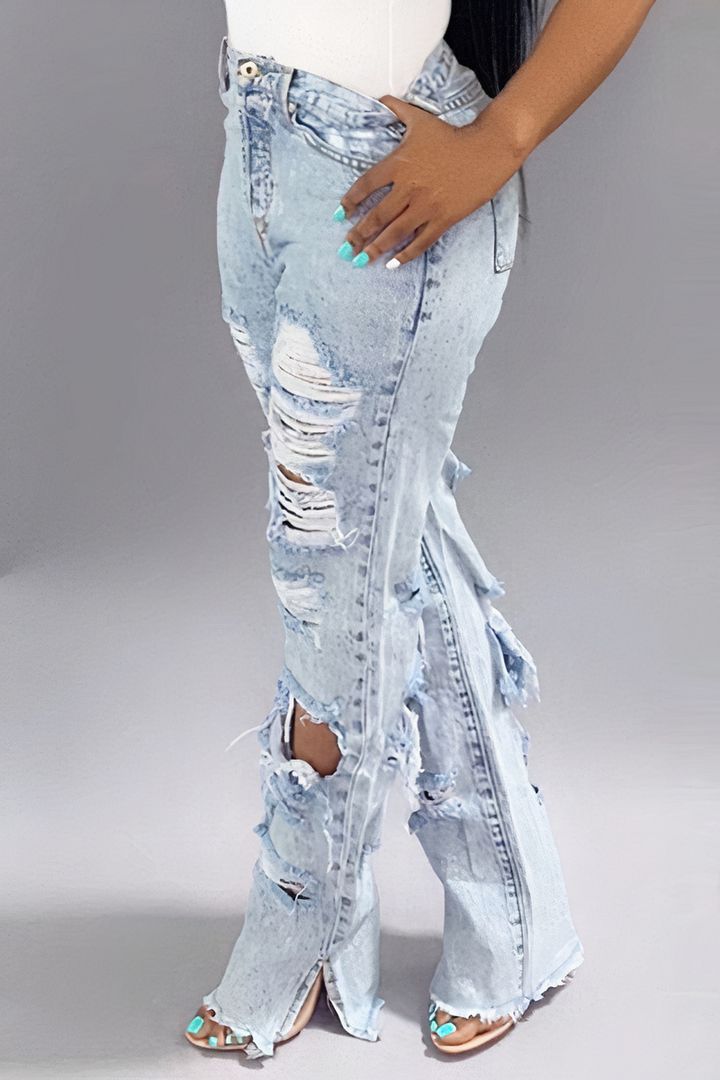Distressed Frayed Split Hem Straight Leg Jeans