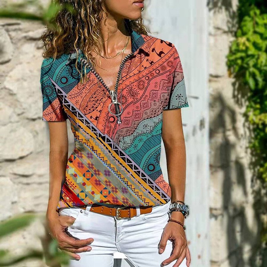 Splicing Western Ethnic Style Zipper T-Shirt
