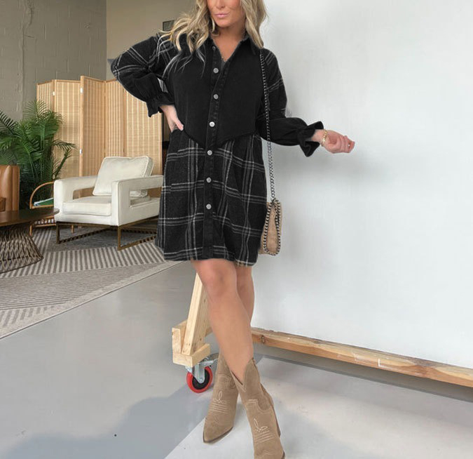 WOMEN'S DENIM PLAID DRESS BLACK (BUY 2 FREE SHIPPING)