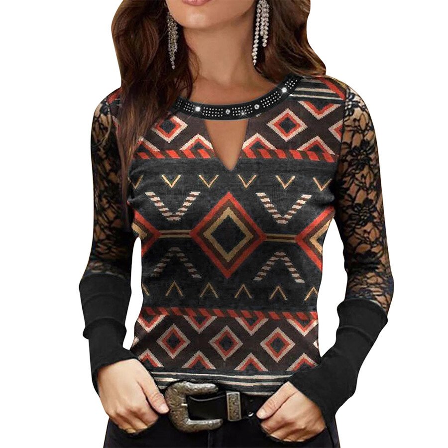 Ladies Retro Western Lace Rhinestone Long Sleeve Top