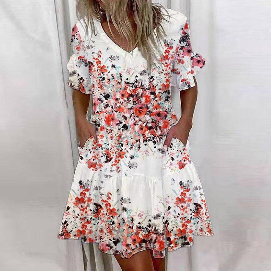 Floral Print Women's Fashion Ruffle Short Sleeve Mini Dress