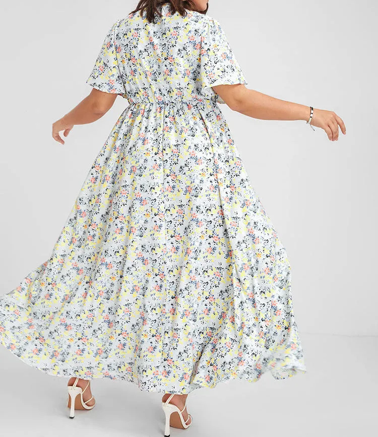 FLUTTER SLEEVE DITSY FLORAL SPLIT MAXI DRESS
