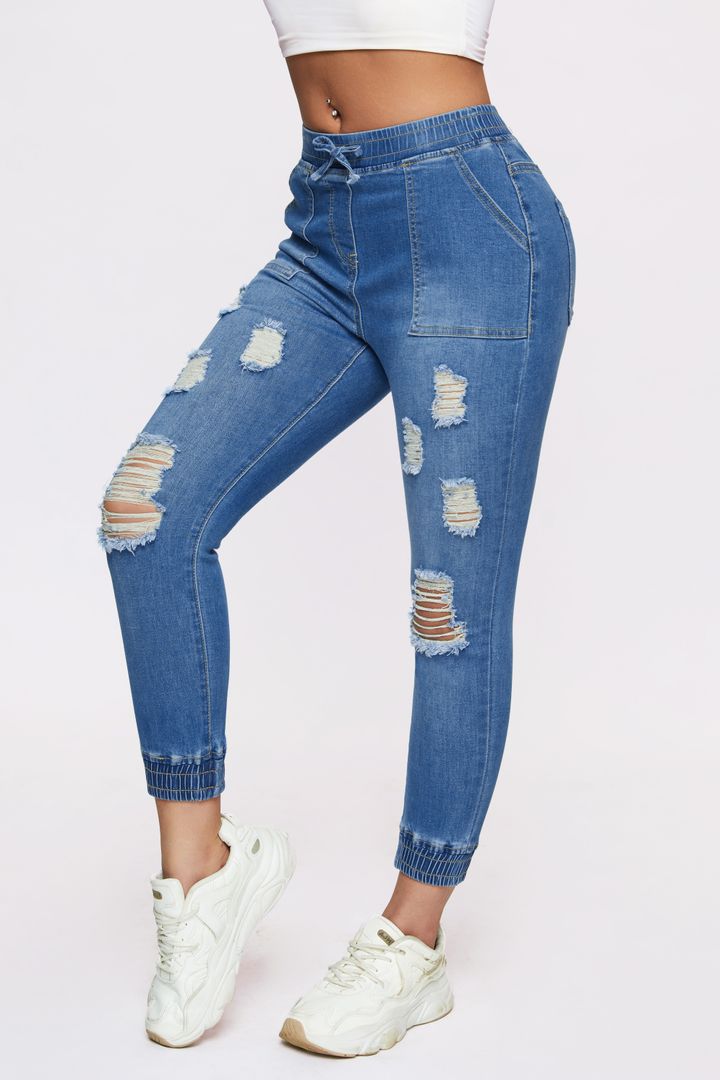 Midiross Ripped Drawstring Elastic Waist Pocket Detail Capris Jeans