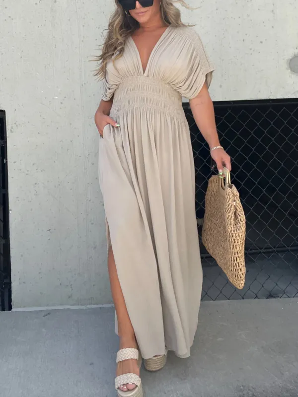 SLIT V-NECK EFFORTLESS MAXI LONG DRESS