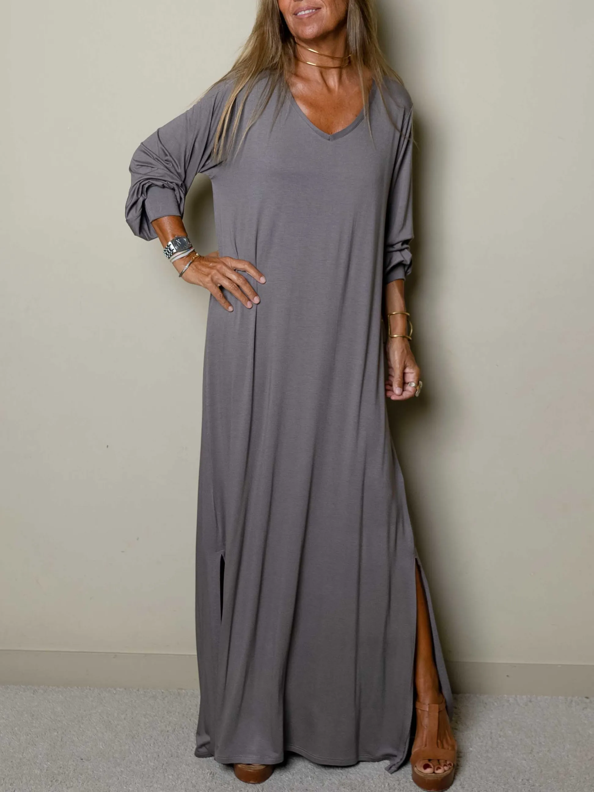 WOMEN CASUAL V-NECK MAXI DRESS
