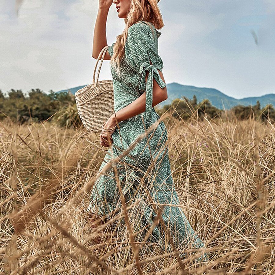 V-Neck Mid-Sleeve Bow High-Rise Green Dress