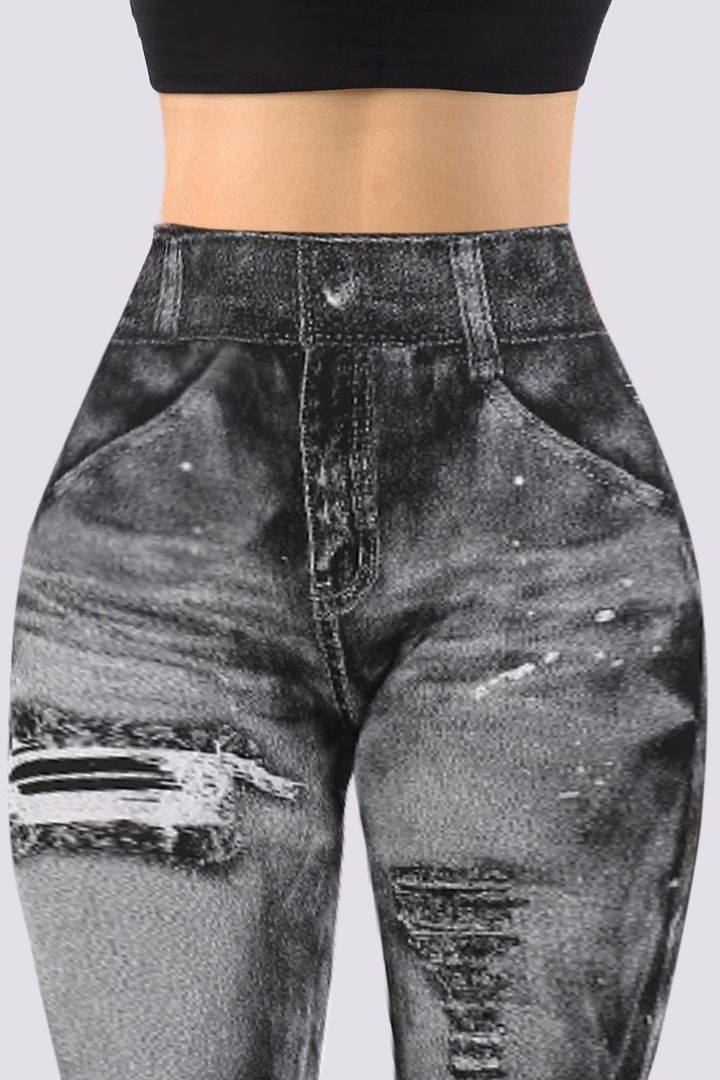 DENIM LOOK HIGH WAIST SPORTS LEGGINGS