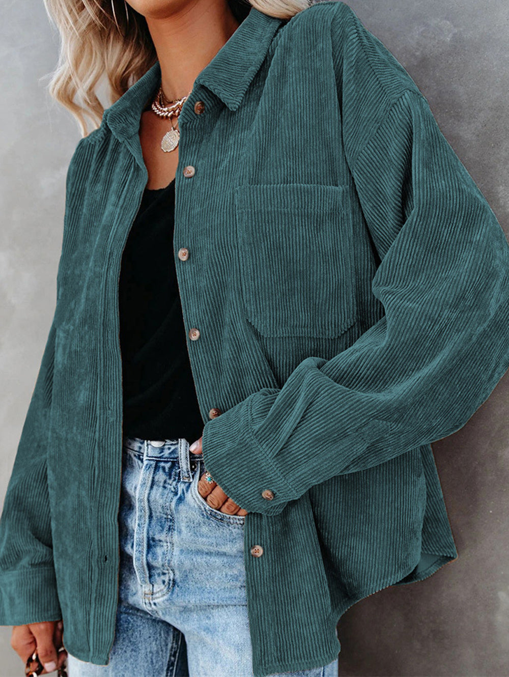 Ladies Corduroy Casual Loose Pocket Long Sleeve Shirt