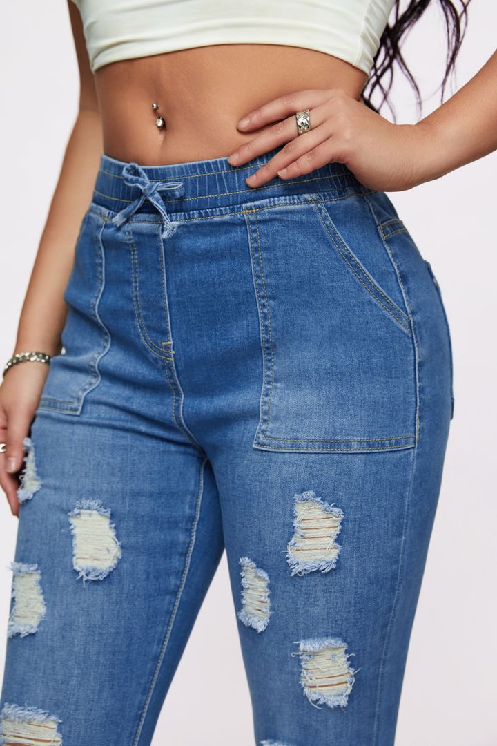 Midiross Ripped Drawstring Elastic Waist Pocket Detail Capris Jeans