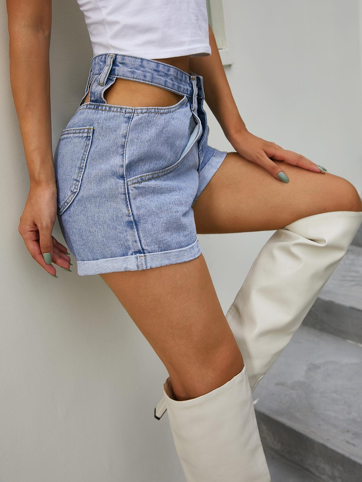 Waist Cutout Cuffed Jean Shorts