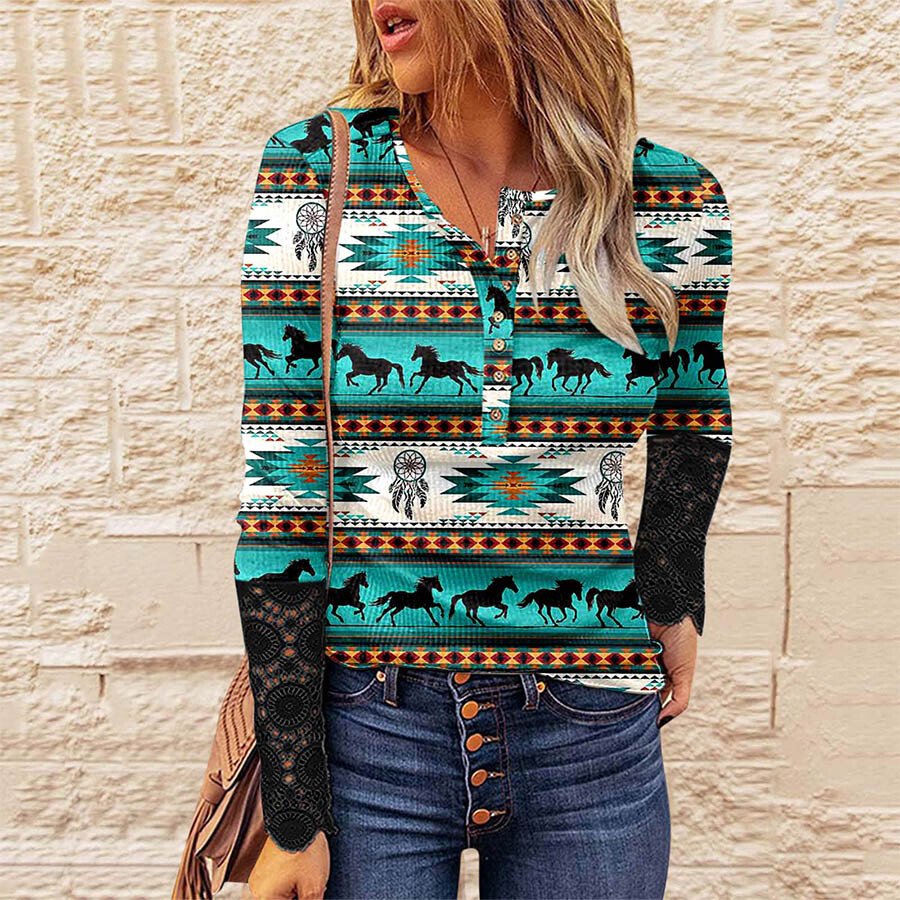 Ladies Retro Print Lace Long Sleeve Button Top