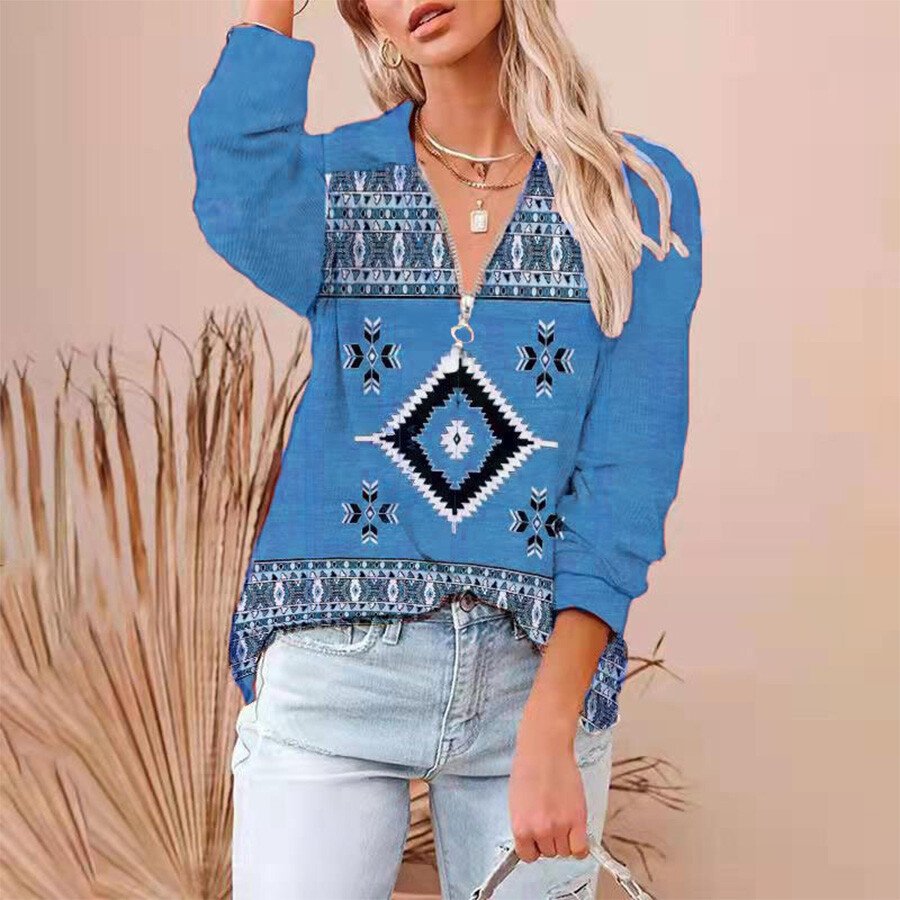 Ladies Retro Zip Lapel Printed Sweatshirt