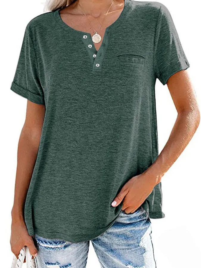 FASHION SOLID COLOR POCKET SHORT SLEEVE T-SHIRT