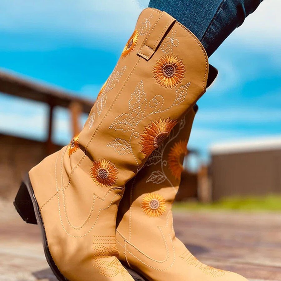 Sunflower Embroidery Western Cowboy Boots