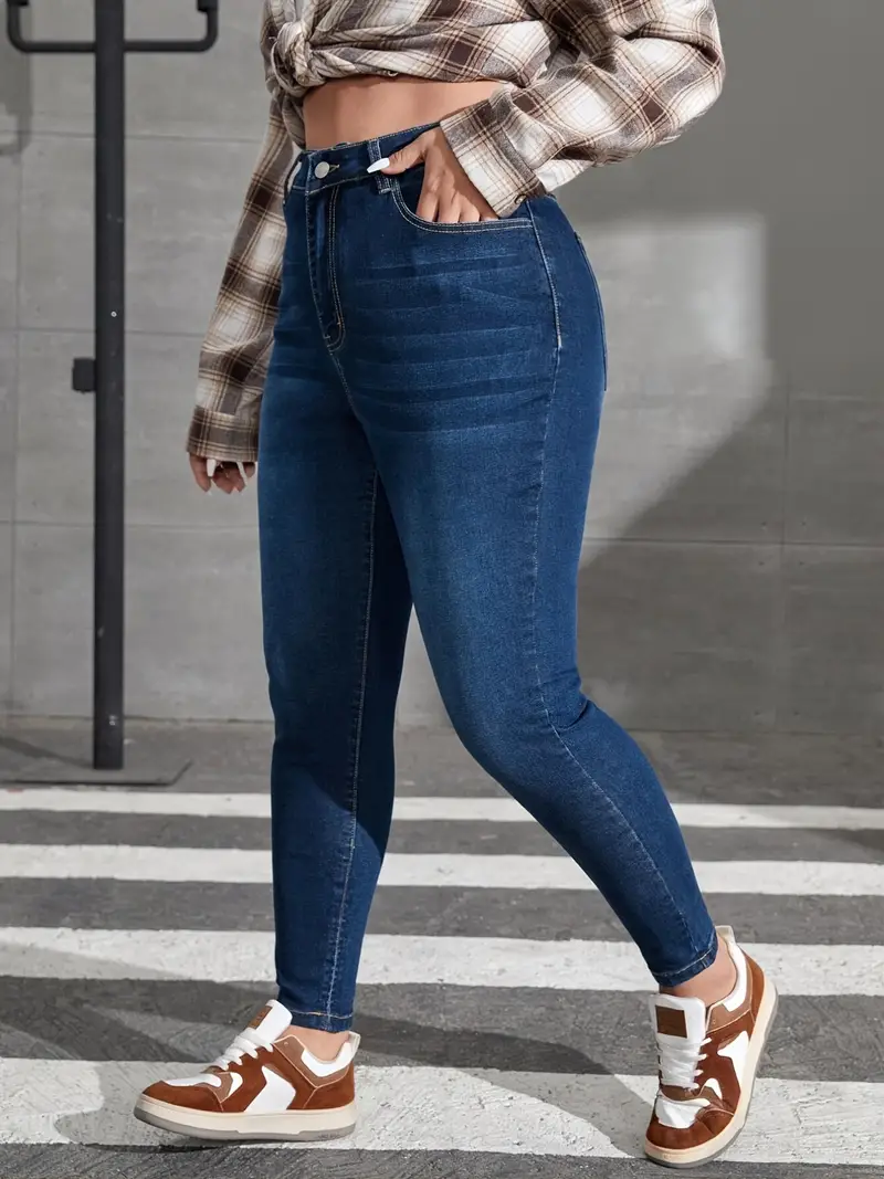 Plus Size Washed Button Up Skinny Jeans, Women's Plus High Stretch Cas