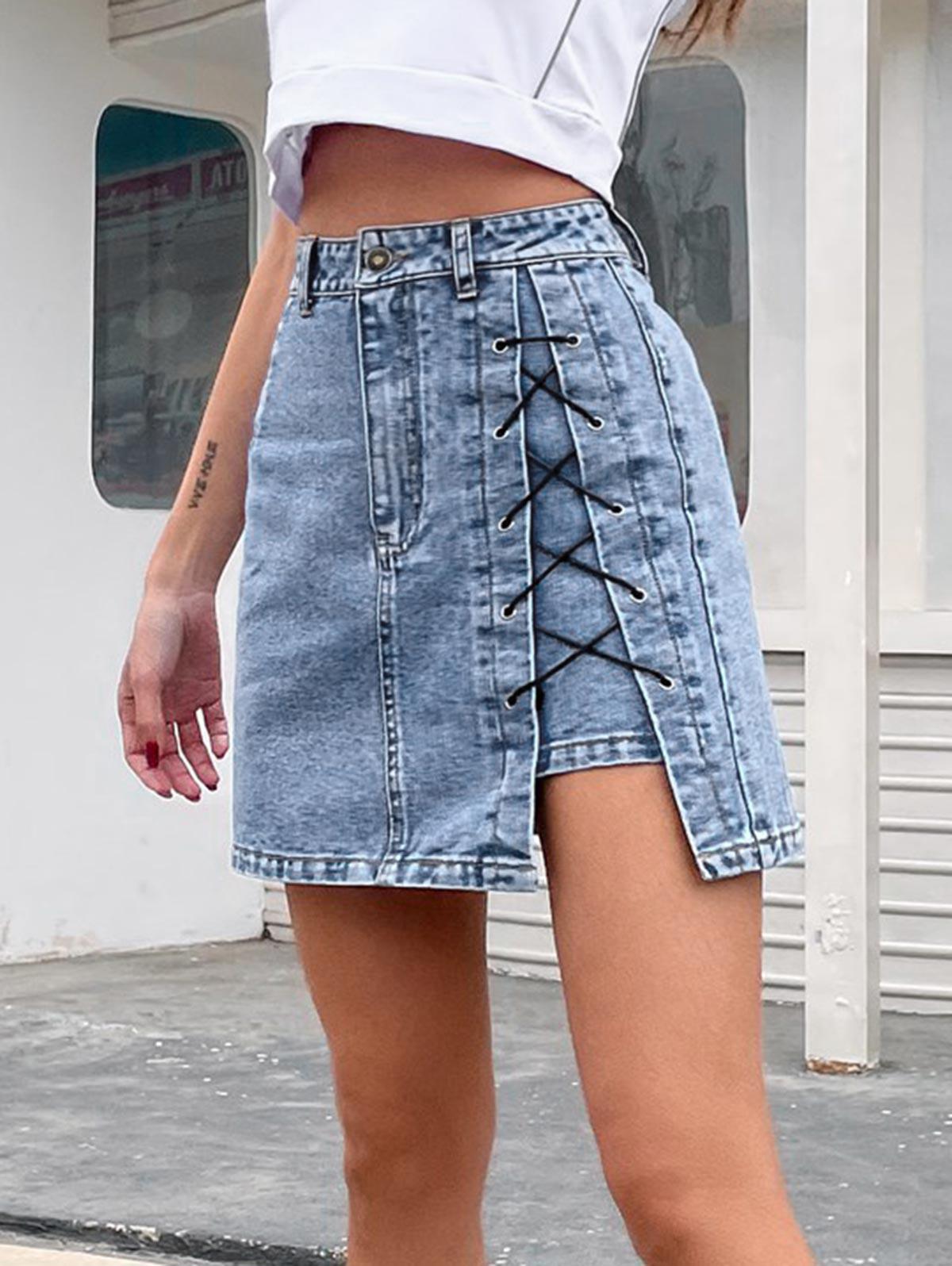 Notched Front Lace Up Denim Mini Skirt