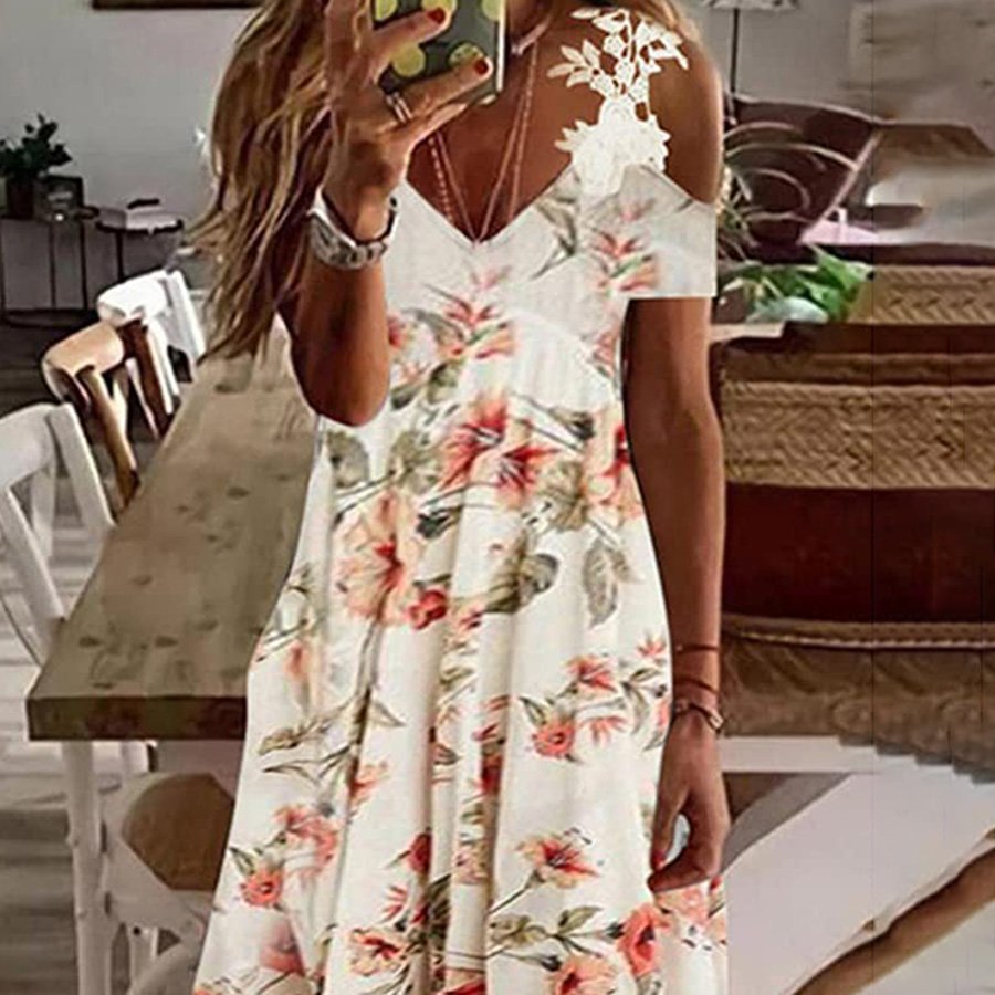 Ladies Lace V-Neck Off-Shoulder Print Dress