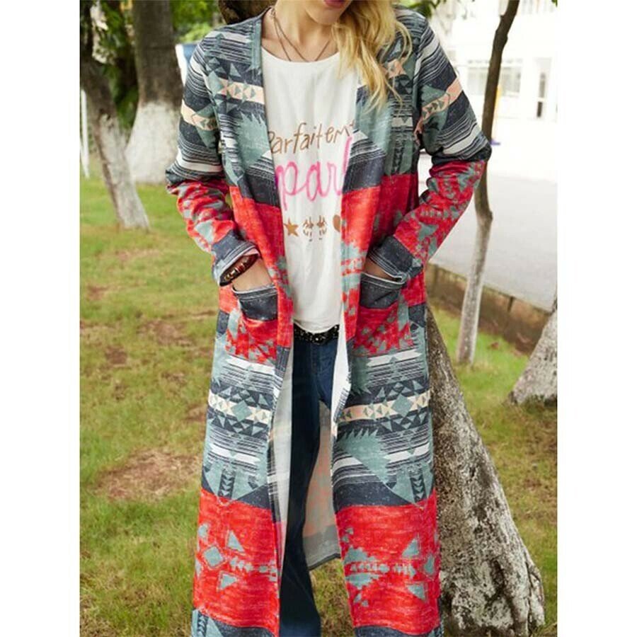 Geometric Print Cardigan Trench Coat