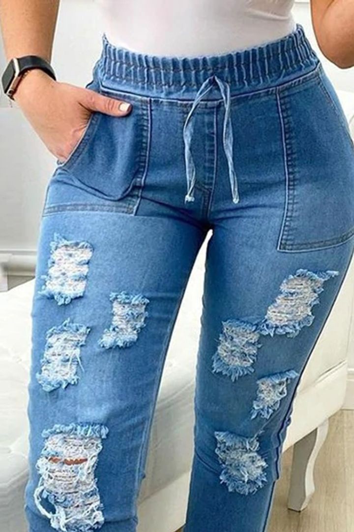 Midiross Ripped Drawstring Elastic Waist Pocket Detail Capris Jeans