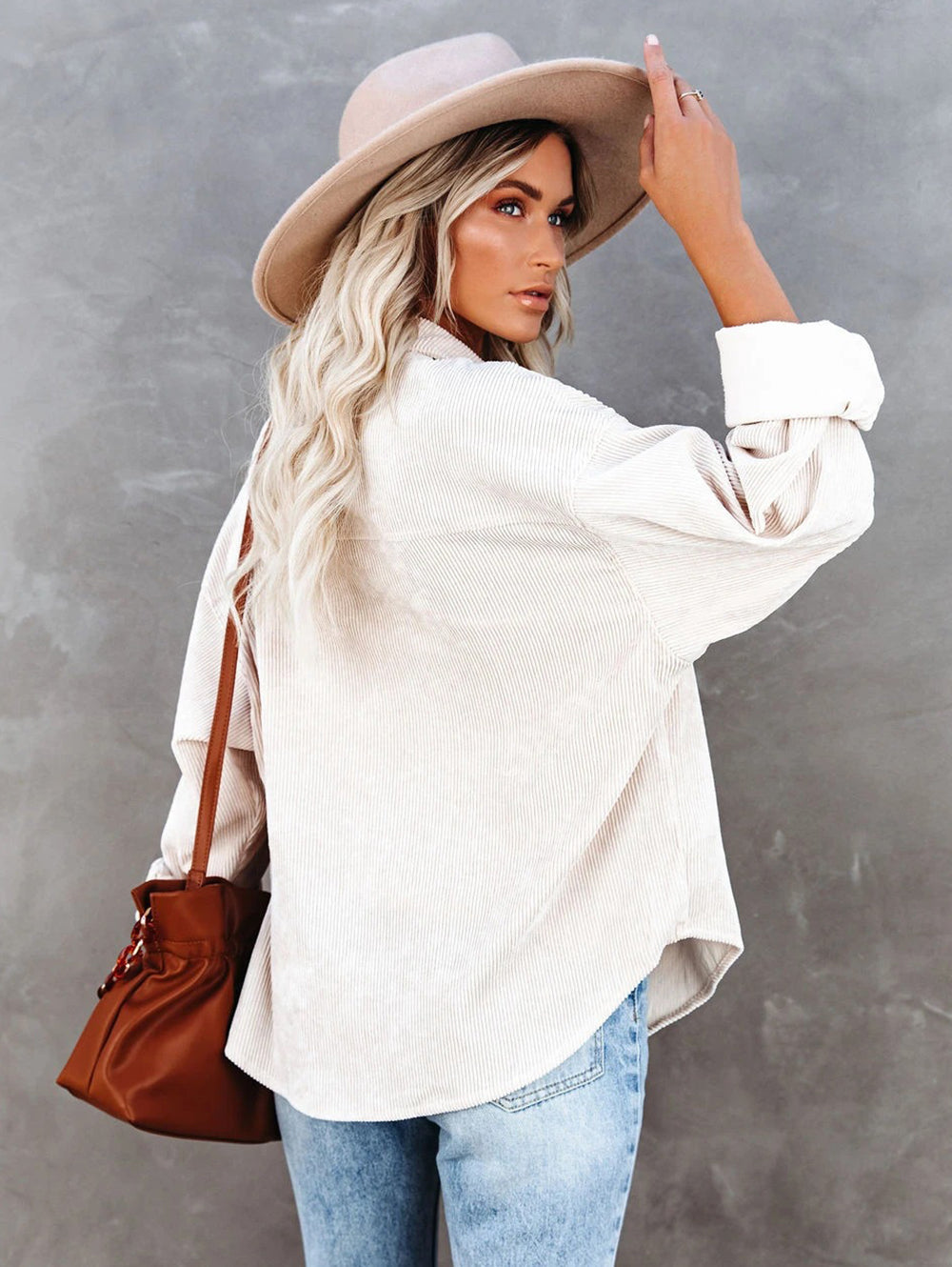 Ladies Corduroy Casual Loose Pocket Long Sleeve Shirt