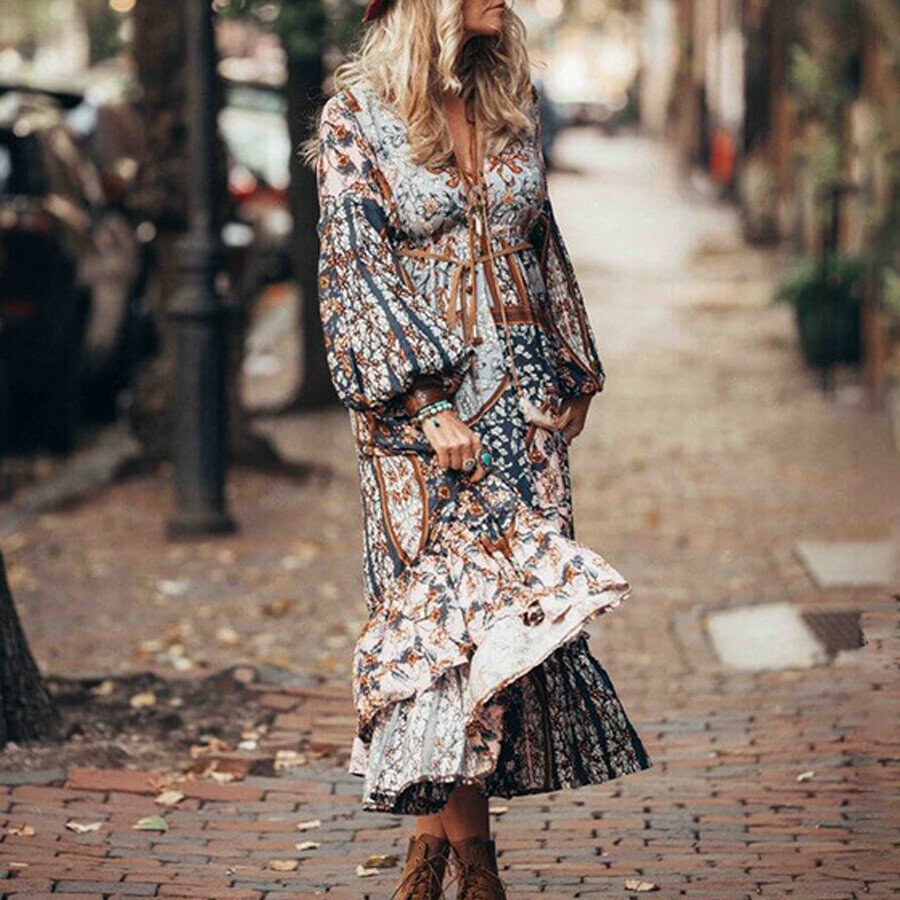 Bohemian Floral Printed Maxi Dress For Women
