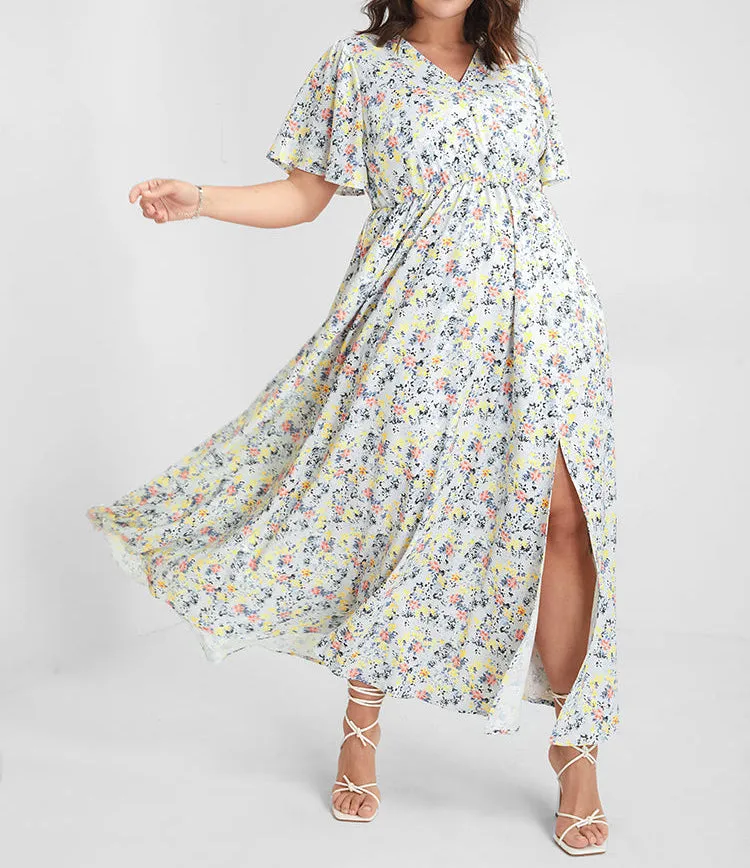 FLUTTER SLEEVE DITSY FLORAL SPLIT MAXI DRESS