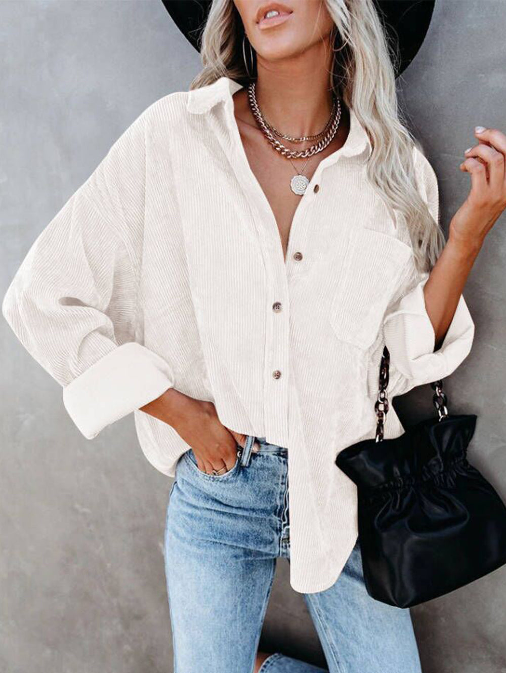 Ladies Corduroy Casual Loose Pocket Long Sleeve Shirt