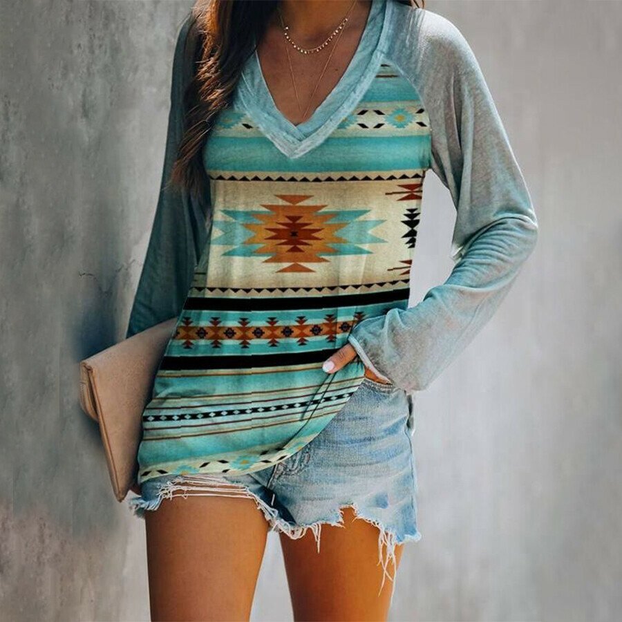 Western Ethnic Print Long Sleeve Sweater