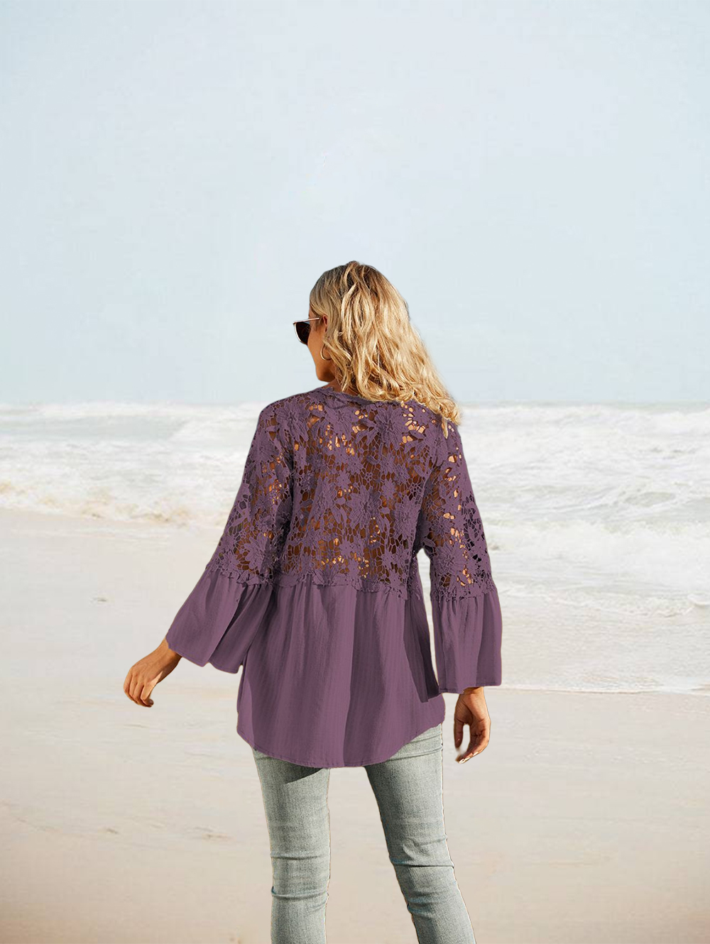 Womens Lace Crochet V Neck Long Sleeve Button Down Shirts Loose Blouses Tops