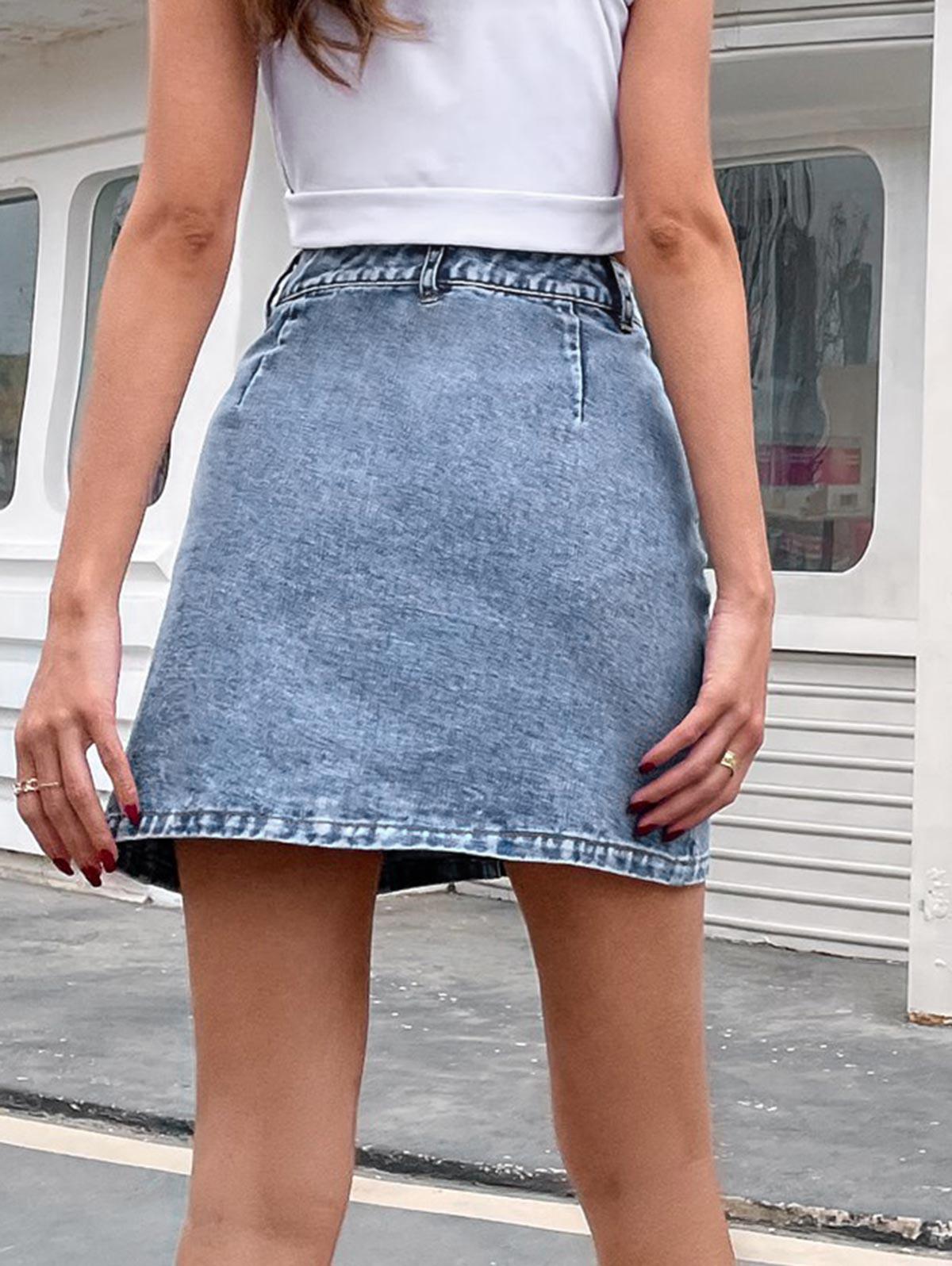 Notched Front Lace Up Denim Mini Skirt